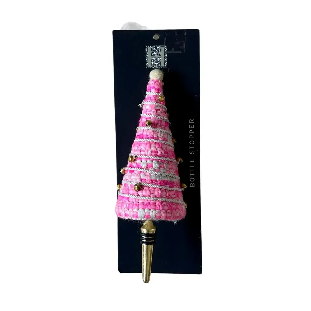 Pink Christmas Tree Bottle Stopper Embellished Holiday Glam Gold Bells New